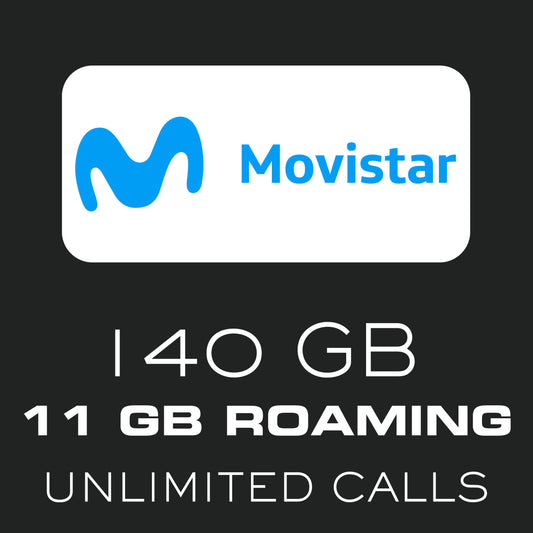 Movistar SIM Card 140GB in Spain/ 11GB Euro Roaming / Unlimited Calls