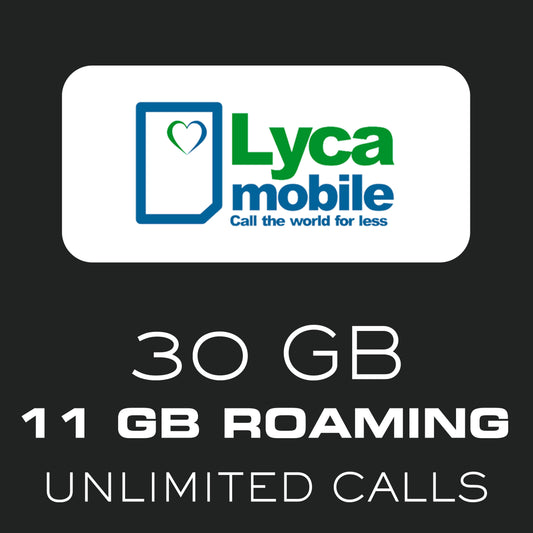 Lycamobile SIM Card 30GB in Spain/ 11GB Euro Roaming / Unlimited Calls