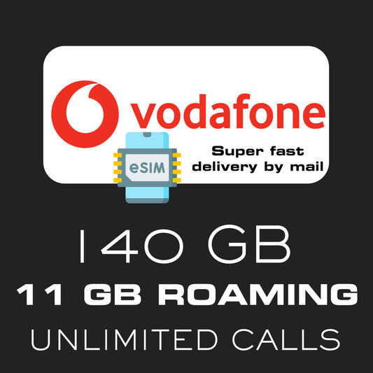 Vodafone eSim 140GB in Spain / 11GB Roaming in UK, EU and USA